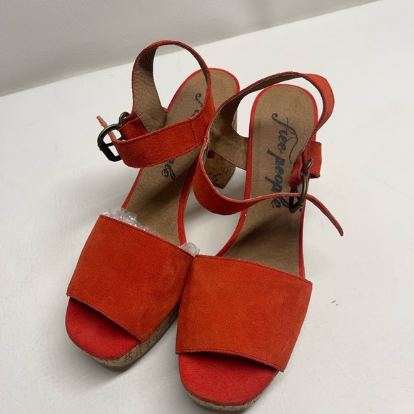 Free People Brooke Red Orange Suede Open Toe Platform Block Cork Heel Sandals 10 - Picture 2 of 10